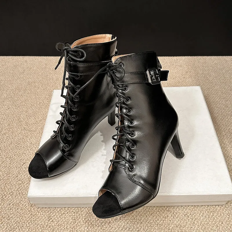 Women's Black 7cm/9cm  Slim Heel  Rubber Sole Leatherette Jazz Shoes Lace-up Open Toe Dance Heels Boots