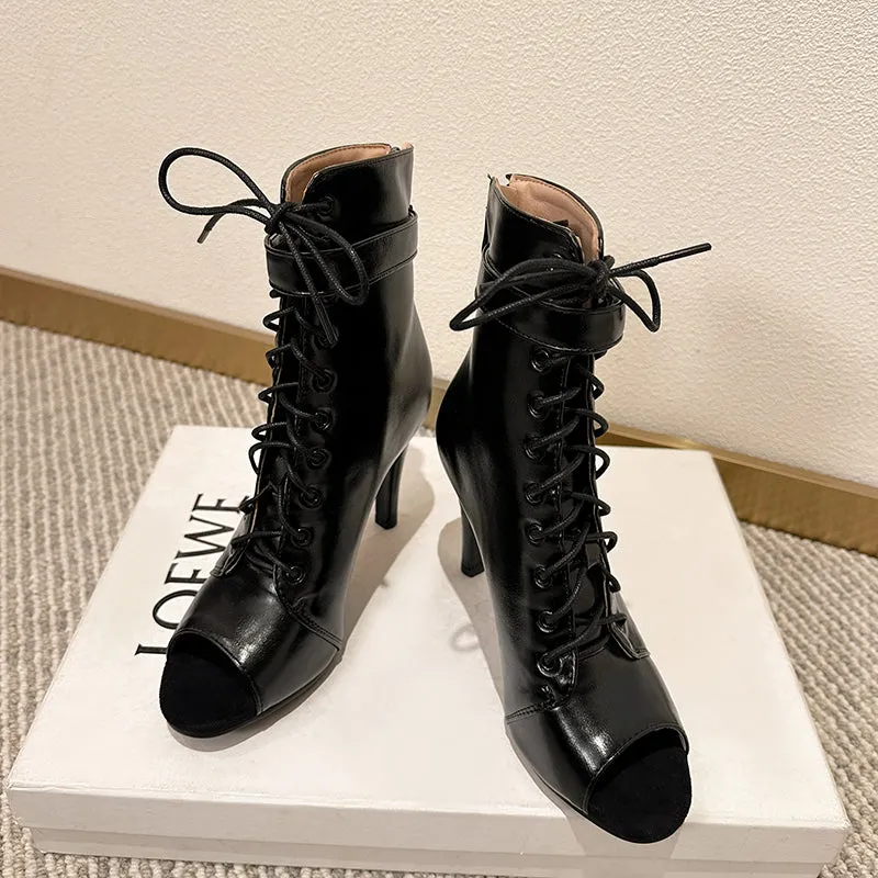 Women's Black 7cm/9cm  Slim Heel  Rubber Sole Leatherette Jazz Shoes Lace-up Open Toe Dance Heels Boots