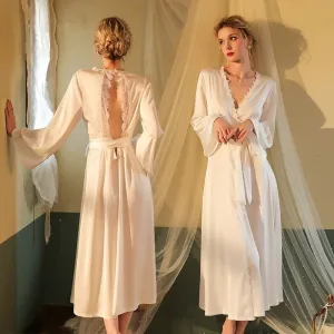 Women's Pajamas Long Robe Set Lace Homewear Faux Silk Sleepwear Smooth Backless Bathrobe Sling Dress Nightwear Femme