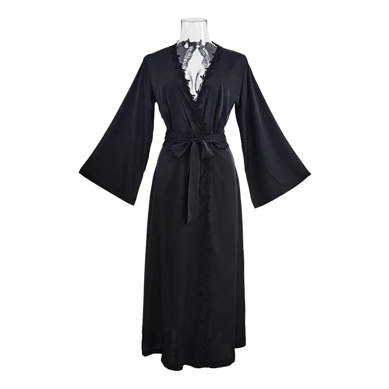 Women's Pajamas Long Robe Set Lace Homewear Faux Silk Sleepwear Smooth Backless Bathrobe Sling Dress Nightwear Femme