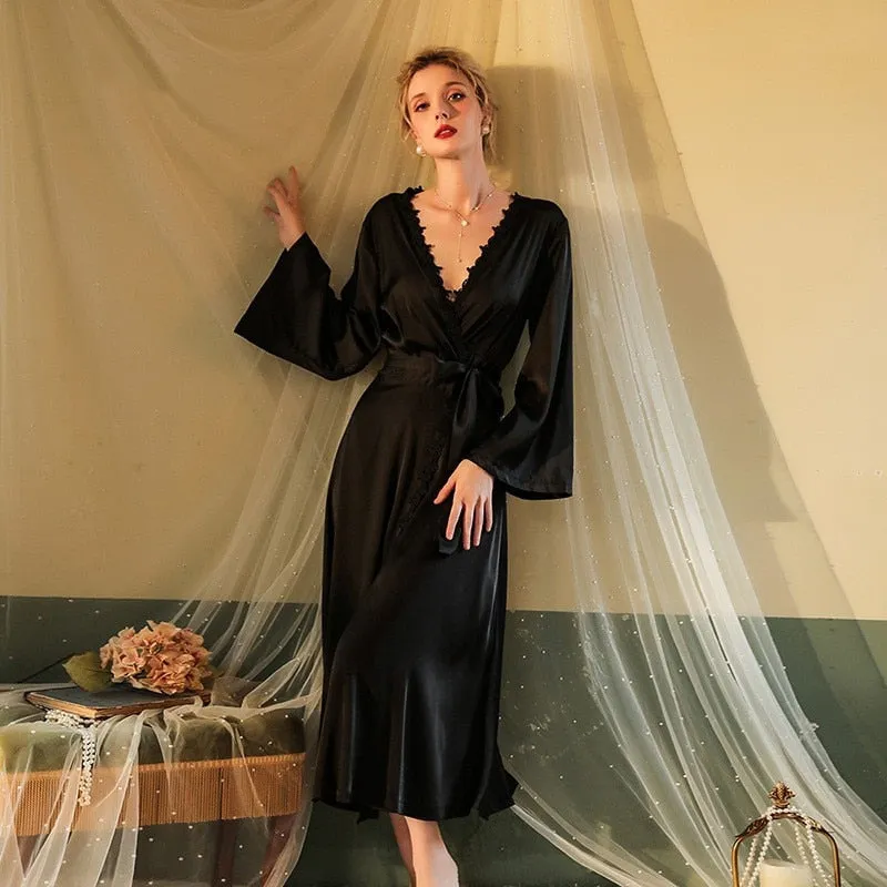 Women's Pajamas Long Robe Set Lace Homewear Faux Silk Sleepwear Smooth Backless Bathrobe Sling Dress Nightwear Femme