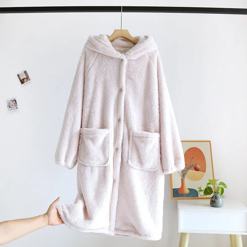 Women's Pajamas Robe Warm Thick Flannel Solid Sleepwear Casual Homewear Cute Hoodie Top Nightwear Femme New for Winter