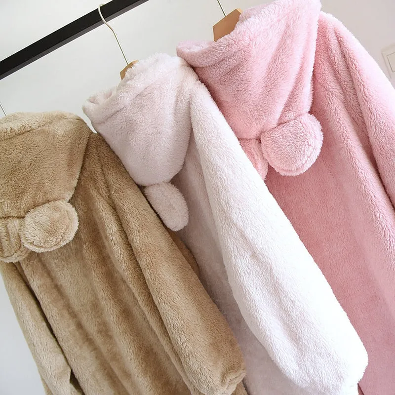 Women's Pajamas Robe Warm Thick Flannel Solid Sleepwear Casual Homewear Cute Hoodie Top Nightwear Femme New for Winter