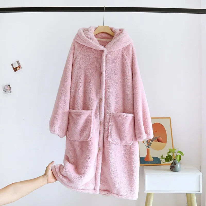 Women's Pajamas Robe Warm Thick Flannel Solid Sleepwear Casual Homewear Cute Hoodie Top Nightwear Femme New for Winter