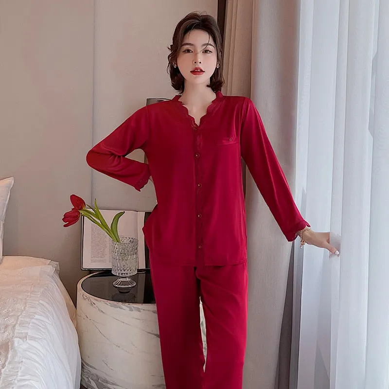 Women's Pajamas Set Vintage V Neck Lace Sleepwear Silk Like Nightie Leisure Home Clothes Nightwear Pyjamas Femme