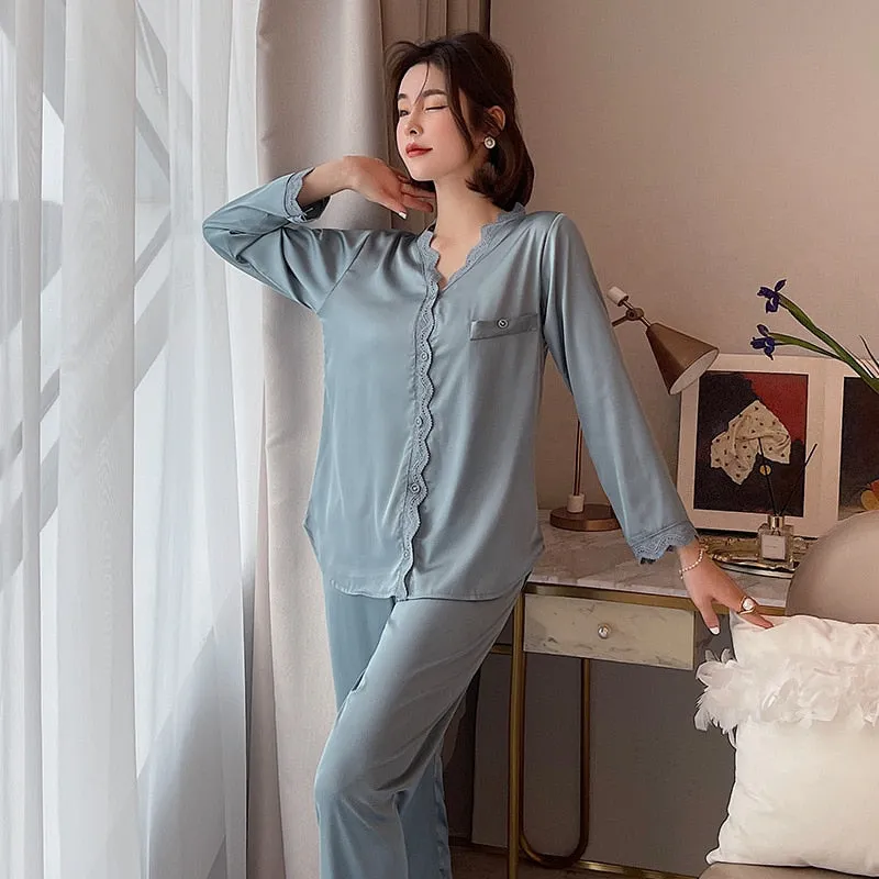 Women's Pajamas Set Vintage V Neck Lace Sleepwear Silk Like Nightie Leisure Home Clothes Nightwear Pyjamas Femme