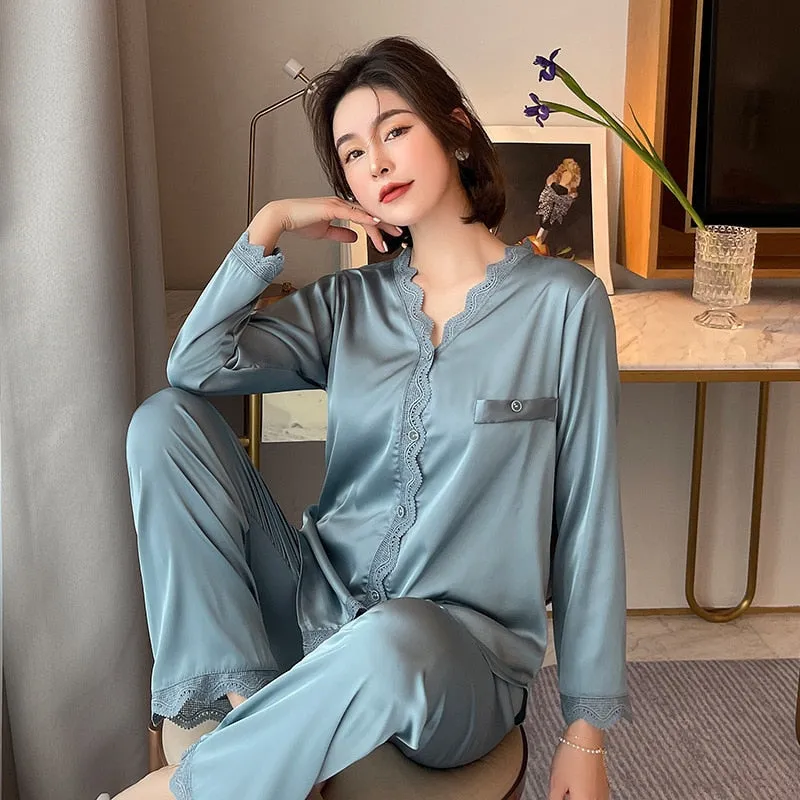 Women's Pajamas Set Vintage V Neck Lace Sleepwear Silk Like Nightie Leisure Home Clothes Nightwear Pyjamas Femme