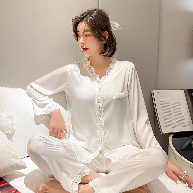 Women's Pajamas Set Vintage V Neck Lace Sleepwear Silk Like Nightie Leisure Home Clothes Nightwear Pyjamas Femme