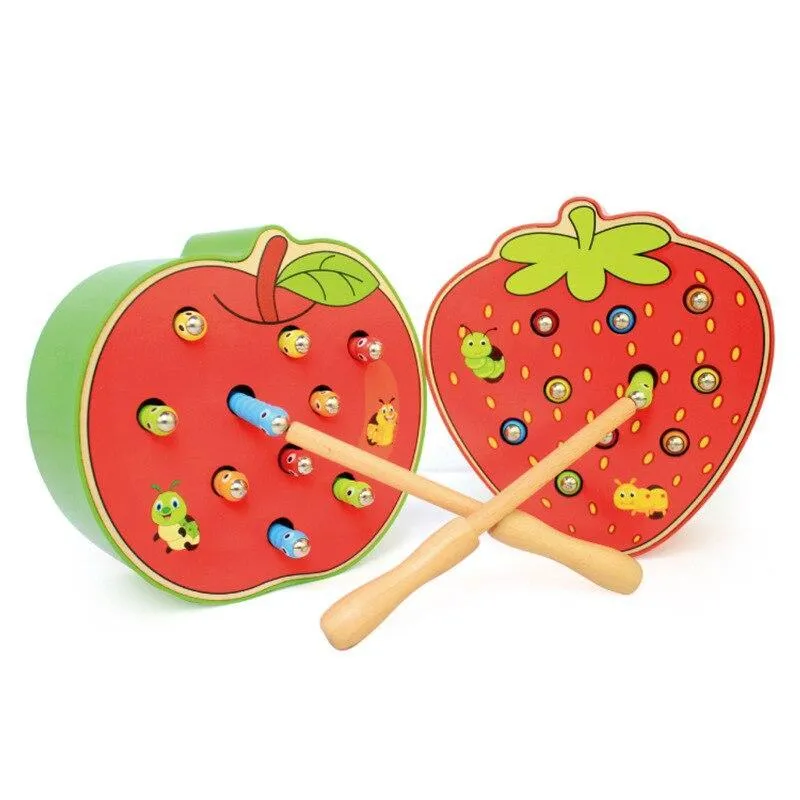 Wooden Puzzle Baby Wooden Toys Early Learning Toys Children Educational Toys Catch Worm Game Color Cognitive Strawberry Grasping